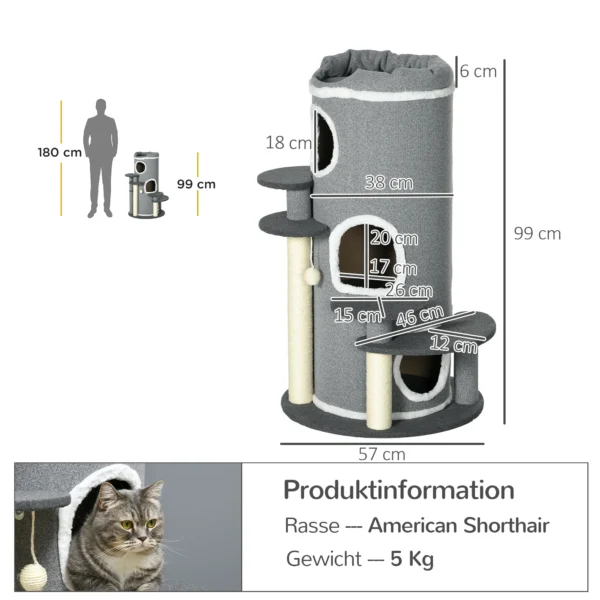 Katten krabton 99 cm speelton met kattenbed, speelbal & platforms, kattenmeubilair, grijs 4