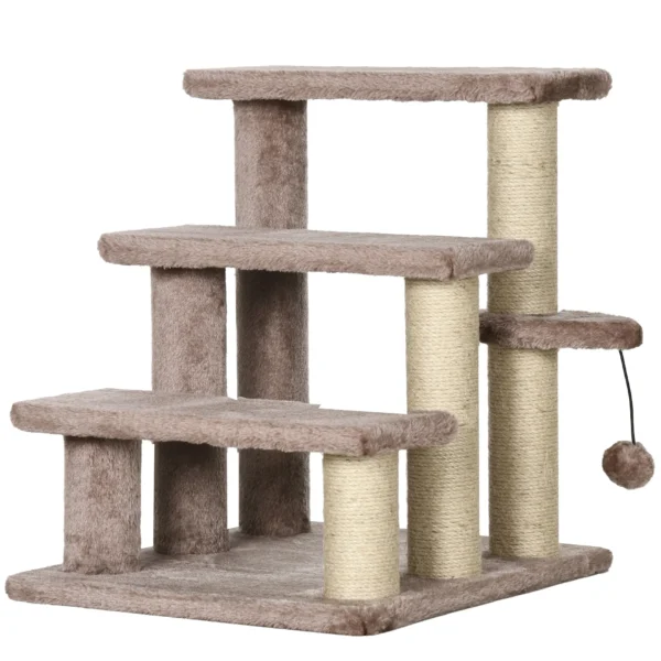 Katten trap huisdier trap voor katten en honden 3 treden met krabpalen speelbal pluche bruin 45x40x48cm voor meer comfort 1