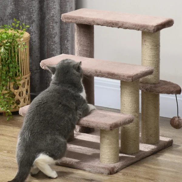 Katten trap huisdier trap voor katten en honden 3 treden met krabpalen speelbal pluche bruin 45x40x48cm voor meer comfort 10