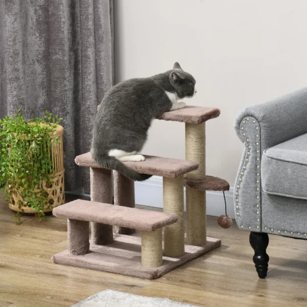 Katten trap huisdier trap voor katten en honden 3 treden met krabpalen speelbal pluche bruin 45x40x48cm voor meer comfort 2