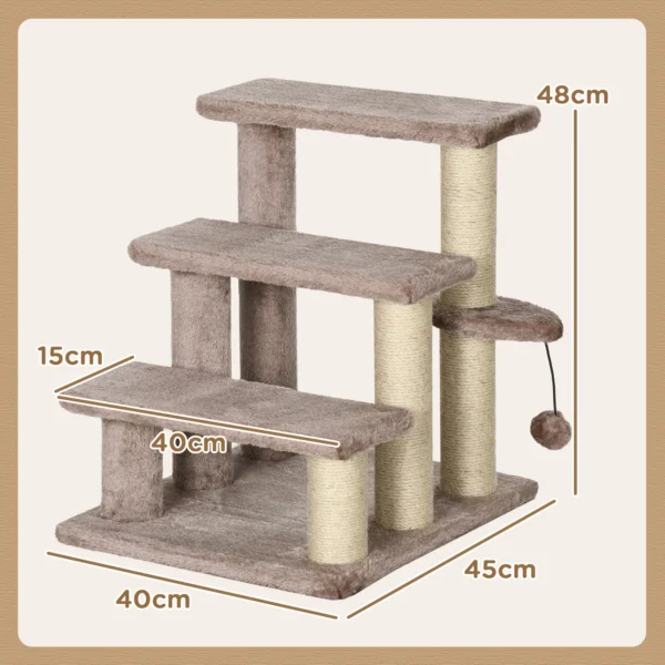 Katten trap huisdier trap voor katten en honden 3 treden met krabpalen speelbal pluche bruin 45x40x48cm voor meer comfort 4