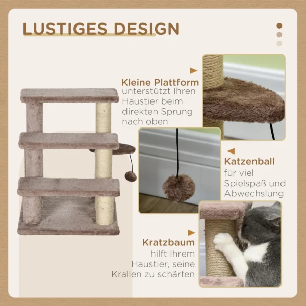 Katten trap huisdier trap voor katten en honden 3 treden met krabpalen speelbal pluche bruin 45x40x48cm voor meer comfort 6