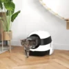 Kattenbak met deksel, groot kattentoilet met deodorant, bodemrooster & kattenbak schepje, voor katten tot 5kg, wit zwart 52x41x38cm 2