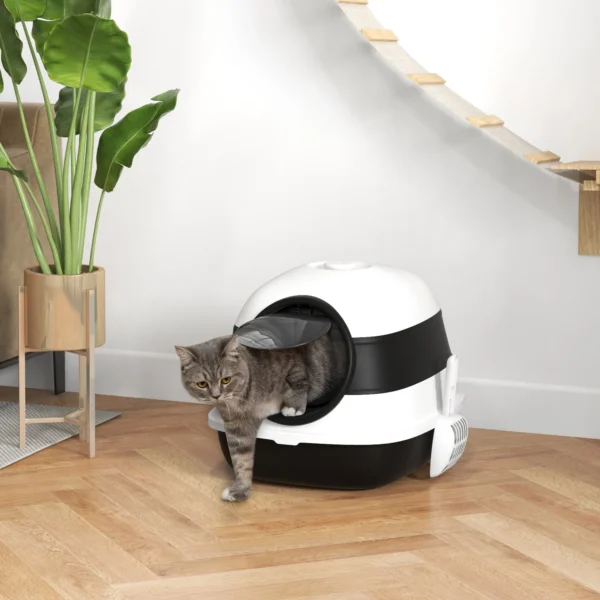 Kattenbak met deksel, groot kattentoilet met deodorant, bodemrooster & kattenbak schepje, voor katten tot 5kg, wit zwart 52x41x38cm 2