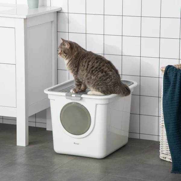 Kattenbak met deksel, kattenbak met schep, tot 5 kg, binnen, kunststof, grijs + wit, 44x55x39cm 2