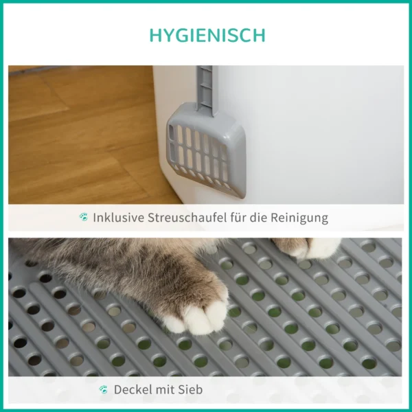 Kattenbak met deksel, kattenbak met schep, tot 5 kg, binnen, kunststof, grijs + wit, 44x55x39cm 5