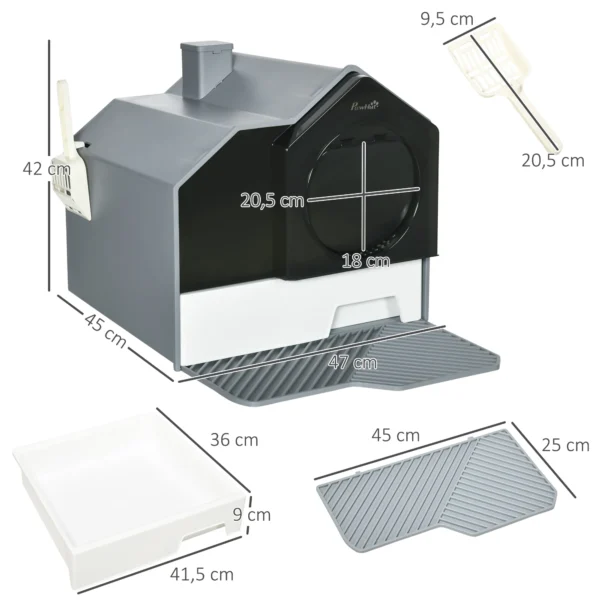 Kattenbak met kap, bodempan, schepje, filter voor katten tot 8kg wit+grijs 47x45x42cm 4