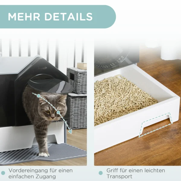 Kattenbak met kap, bodempan, schepje, filter voor katten tot 8kg wit+grijs 47x45x42cm 8