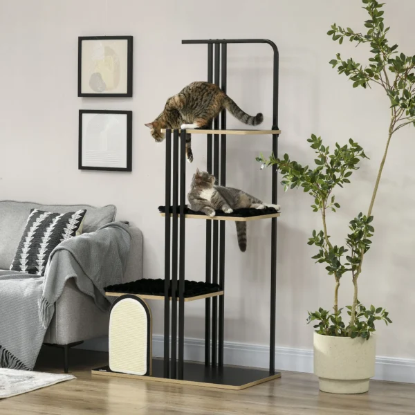 Kattenboom 170cm grote krabpaal met kussen, krabplank, 3 platforms, kattenmeubels van staal in zwart 2