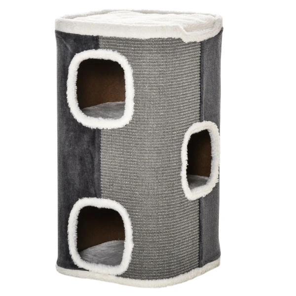 Kattenboom krabton met 3 niveaus, spaanplaat, fluweelachtig polyester, sisal, grijs+wit, 40x40x74cm 1