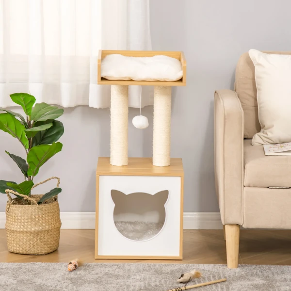 Kattenhol met kattenhol & 2 kussens, 2 niveaus incl. kattenhuis, speelgoed met bal, katten woning, sisal, natuur, 35 x 35 x 81 cm 9