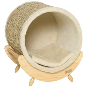Kattenhol met plank kattenbed, krabmat, grenenhout, flanel, khaki, natuur & beige, 41x38x43cm 1