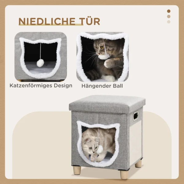 Kattenhol ottoman met kussen en krabmat, speelbal, anti slip, grijs, polyester voor katten 8