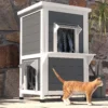 Kattenhuis hout 2 verdiepingen weerbestendige kattenhut met dak, grijs & wit, 60x60x81,5cm 10