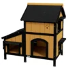 Kattenhuis, sparrenhout, kattenhut met meerdere ingangen, 2 verdiepingen, kattengrot voor buiten, klein dierenhuis met asfaltdak, bloembak, winterbestendig, verhoogd ontwerp, geel, 96 x 65 x 85,5 cm 1