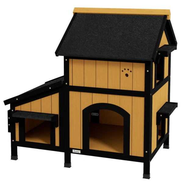 Kattenhuis, sparrenhout, kattenhut met meerdere ingangen, 2 verdiepingen, kattengrot voor buiten, klein dierenhuis met asfaltdak, bloembak, winterbestendig, verhoogd ontwerp, geel, 96 x 65 x 85,5 cm 1