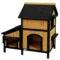 Kattenhuis, sparrenhout, kattenhut met meerdere ingangen, 2 verdiepingen, kattengrot voor buiten, klein dierenhuis met asfaltdak, bloembak, winterbestendig, verhoogd ontwerp, geel, 96 x 65 x 85,5 cm 1