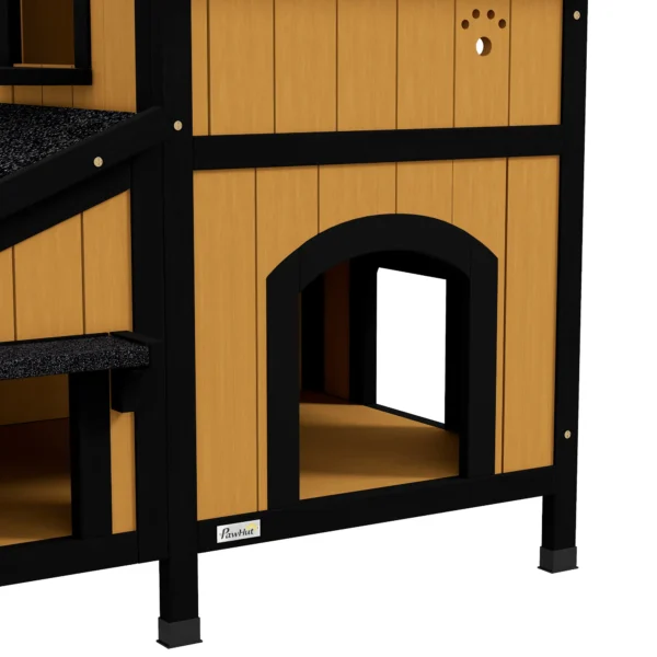 Kattenhuis, sparrenhout, kattenhut met meerdere ingangen, 2 verdiepingen, kattengrot voor buiten, klein dierenhuis met asfaltdak, bloembak, winterbestendig, verhoogd ontwerp, geel, 96 x 65 x 85,5 cm 10