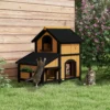 Kattenhuis, sparrenhout, kattenhut met meerdere ingangen, 2 verdiepingen, kattengrot voor buiten, klein dierenhuis met asfaltdak, bloembak, winterbestendig, verhoogd ontwerp, geel, 96 x 65 x 85,5 cm 2