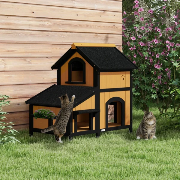 Kattenhuis, sparrenhout, kattenhut met meerdere ingangen, 2 verdiepingen, kattengrot voor buiten, klein dierenhuis met asfaltdak, bloembak, winterbestendig, verhoogd ontwerp, geel, 96 x 65 x 85,5 cm 2