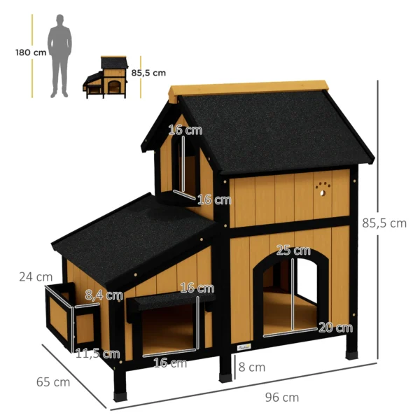 Kattenhuis, sparrenhout, kattenhut met meerdere ingangen, 2 verdiepingen, kattengrot voor buiten, klein dierenhuis met asfaltdak, bloembak, winterbestendig, verhoogd ontwerp, geel, 96 x 65 x 85,5 cm 4