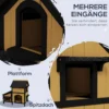 Kattenhuis, sparrenhout, kattenhut met meerdere ingangen, 2 verdiepingen, kattengrot voor buiten, klein dierenhuis met asfaltdak, bloembak, winterbestendig, verhoogd ontwerp, geel, 96 x 65 x 85,5 cm 5