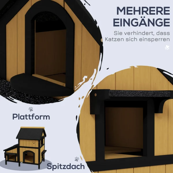 Kattenhuis, sparrenhout, kattenhut met meerdere ingangen, 2 verdiepingen, kattengrot voor buiten, klein dierenhuis met asfaltdak, bloembak, winterbestendig, verhoogd ontwerp, geel, 96 x 65 x 85,5 cm 5