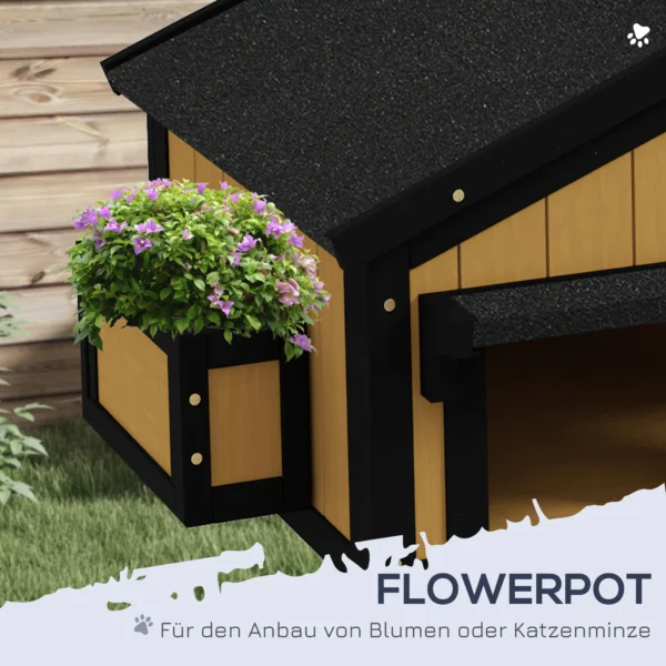 Kattenhuis, sparrenhout, kattenhut met meerdere ingangen, 2 verdiepingen, kattengrot voor buiten, klein dierenhuis met asfaltdak, bloembak, winterbestendig, verhoogd ontwerp, geel, 96 x 65 x 85,5 cm 6