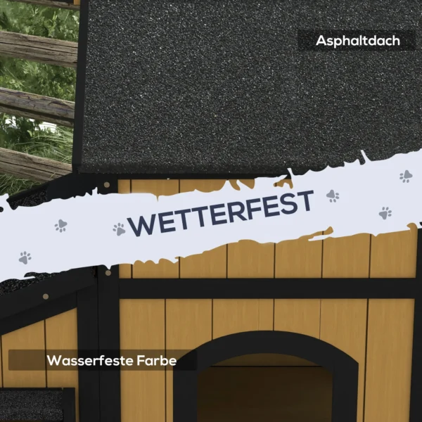 Kattenhuis, sparrenhout, kattenhut met meerdere ingangen, 2 verdiepingen, kattengrot voor buiten, klein dierenhuis met asfaltdak, bloembak, winterbestendig, verhoogd ontwerp, geel, 96 x 65 x 85,5 cm 7