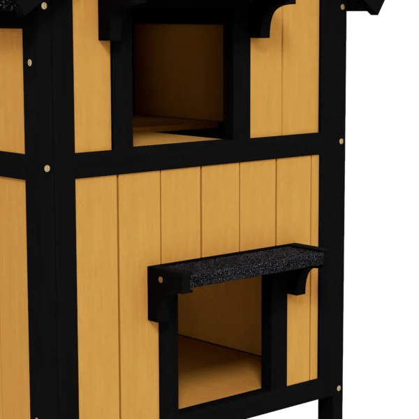 Kattenhuis, sparrenhout, kattenhut met meerdere ingangen, 2 verdiepingen, kattengrot voor buiten, klein dierenhuis met asfaltdak, bloembak, winterbestendig, verhoogd ontwerp, geel, 96 x 65 x 85,5 cm 9