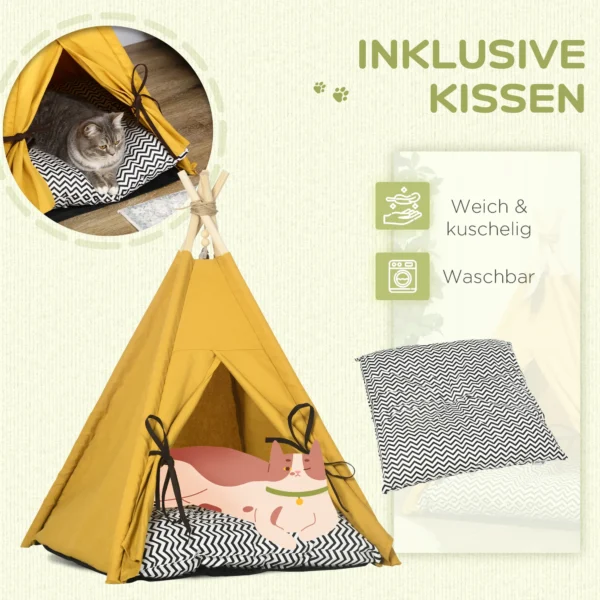 Kattenhuis tipi tent hondenbed met kussen, antislip, met speelbal, van dennenhout, indoor in geel 6