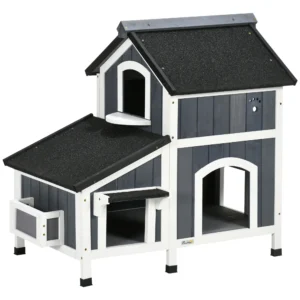 Kattenhuis van sparrenhout, 2 verdiepingen, kattenhut met meerdere ingangen, weerbestendig klein dierenhuis met asfaltdak voor buiten 1