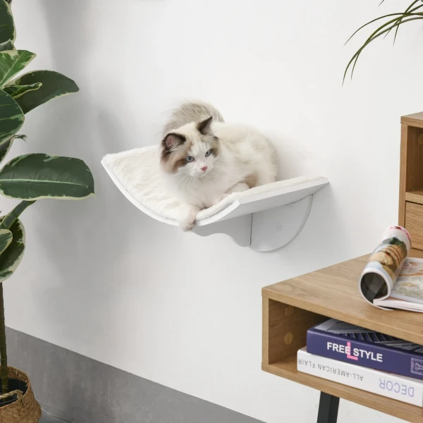 Kattenligbed wandligbed kattenbed met pluche topping 41 x 28 x 21 cm in wit, ideaal voor kattenplank & wandmontage 2