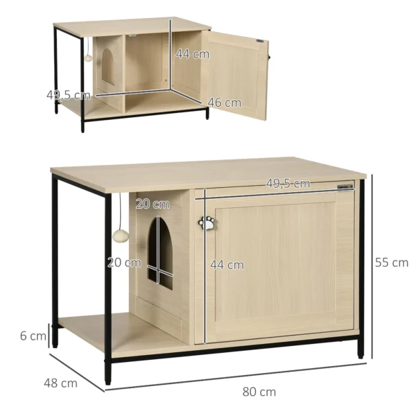 Kattentoilette kastontwerp met speelbal & bijzettafel eiken magnetische deur 86x48x52cm voor stijlvolle kattenverzorging 4