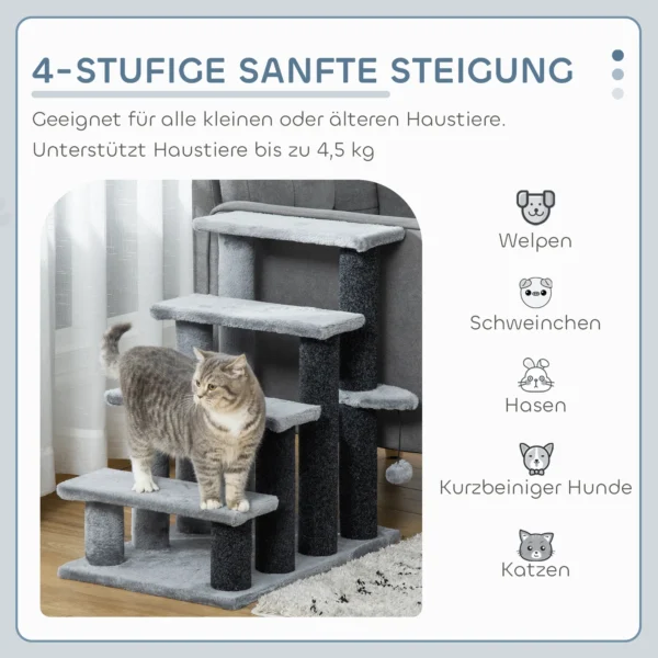 Kattentrap 64h cm voor oude katten, 4 treden met speelbal en platform van jute en pluche in grijs 5