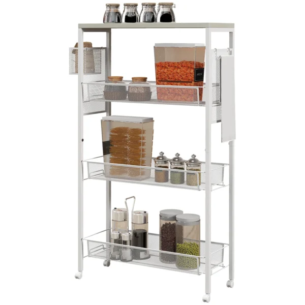 Keukentrolley serveerwagen 3 niveaus met mand werkblad haken van staal 58x18,5x87 cm in wit voor keuken & eetkamer 1