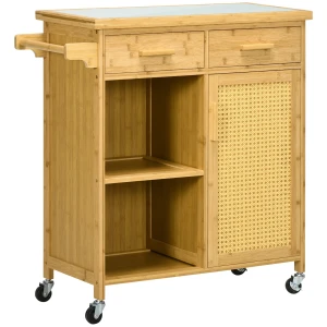 Keukenwagen serveerwagen met lade, kast, open niveaus, handdoekhouder, werkblad, bamboe, natuur 1