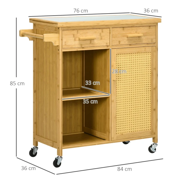 Keukenwagen serveerwagen met lade, kast, open niveaus, handdoekhouder, werkblad, bamboe, natuur 4