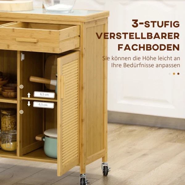 Keukenwagen serveerwagen met lade, kast, open niveaus, handdoekhouder, werkblad, bamboe, natuur 7