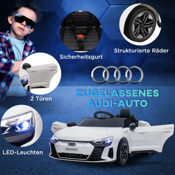 Kinder elektrische auto audi rs e tron gt met afstandsbediening, veiligheidsgordel, claxon, muziek & koplampen, tot 5 km/u, voor kinderen 3 5 jaar, wit 10