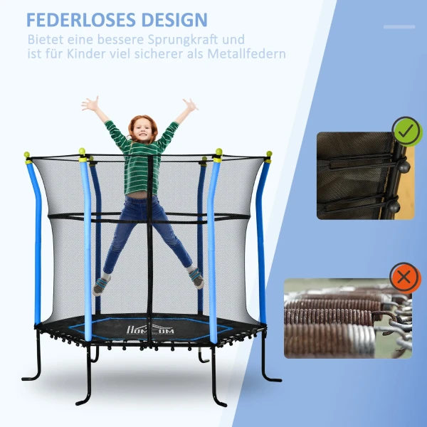 Kindertrampoline 5,3ft tuintrampoline met veiligheidsnet en randafdekking, rubberen touw, blauw, tot 60 kg, ideaal voor tuin en speelplezier 5
