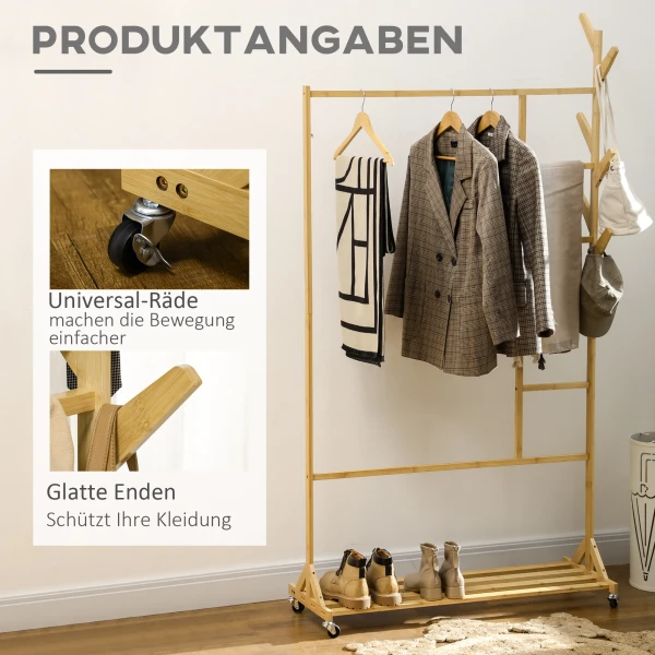 Kledingrek garderoberek met haken hangrail rek op wielen van natuurlijk bamboe voor gang en slaapkamer 7
