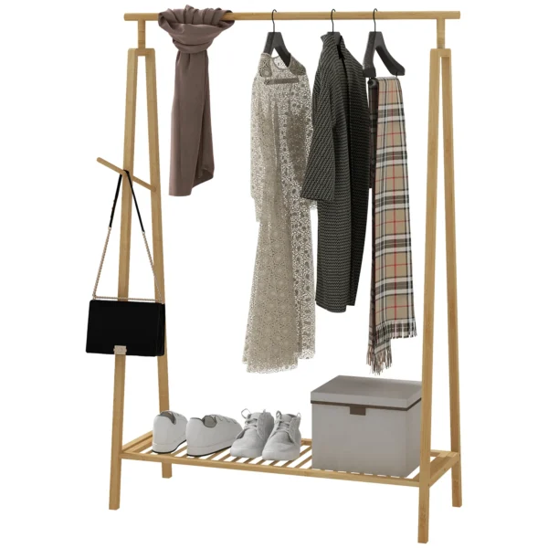 Kledingrek garderoberek met kledinghaken & plank voor max. 4 paar schoenen, natuurlijk bamboe voor slaapkamer & badkamer 1