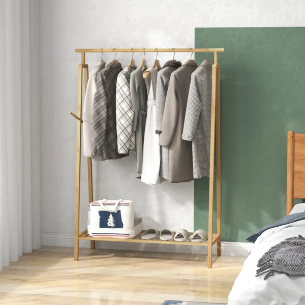 Kledingrek garderoberek met kledinghaken & plank voor max. 4 paar schoenen, natuurlijk bamboe voor slaapkamer & badkamer 2