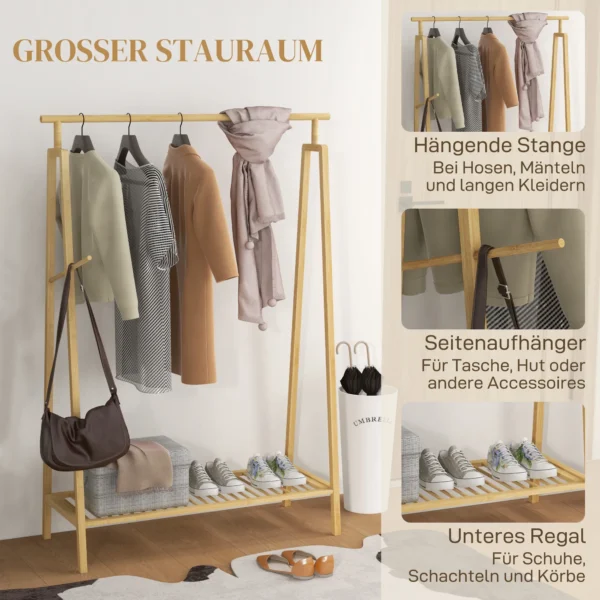 Kledingrek garderoberek met kledinghaken & plank voor max. 4 paar schoenen, natuurlijk bamboe voor slaapkamer & badkamer 5