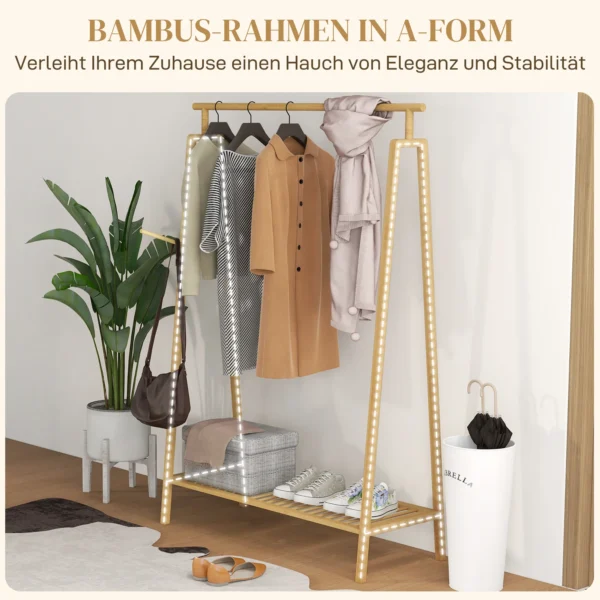 Kledingrek garderoberek met kledinghaken & plank voor max. 4 paar schoenen, natuurlijk bamboe voor slaapkamer & badkamer 6