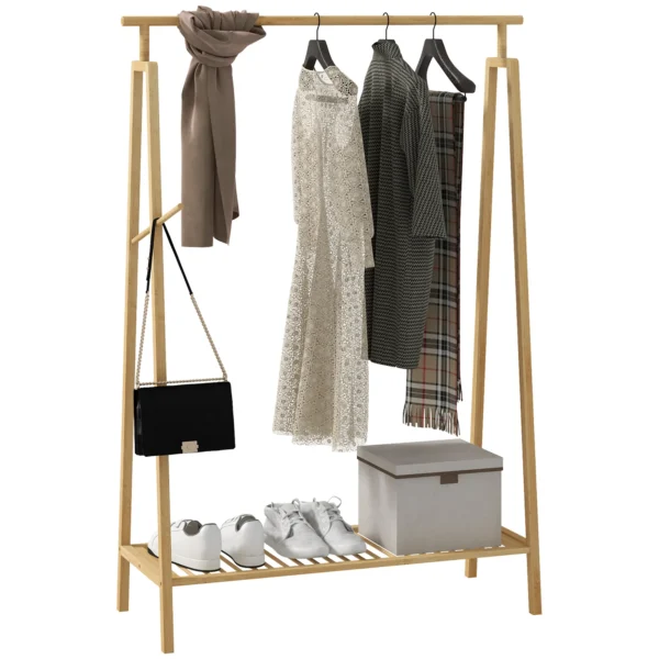 Kledingrek garderoberek met kledinghaken & plank voor max. 4 paar schoenen, natuurlijk bamboe voor slaapkamer & badkamer 9