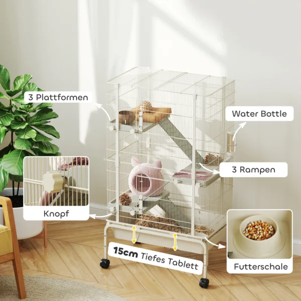 Kleindierkooi, knaagdierkooi frettenkooi met 3 hellingen muizenkooi met uitschuifbaar dienblad, voerbak, waterfles, kooi met accessoires voor chinchilla, eekhoorn, dwerghamster beige 6