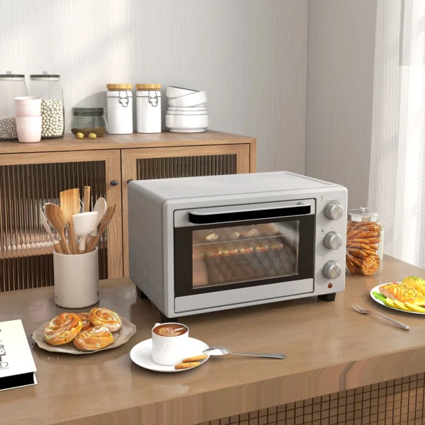 Kleine oven 21l, 100°c 230°c, 1 uur timer, met 3 kookmodi, draadrek, bakplaat, roestvrij staal, 46l x 38,5b x 29h cm, zilver 2