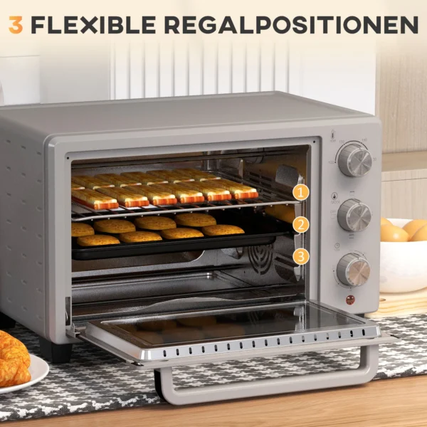 Kleine oven 21l, 100°c 230°c, 1 uur timer, met 3 kookmodi, draadrek, bakplaat, roestvrij staal, 46l x 38,5b x 29h cm, zilver 6